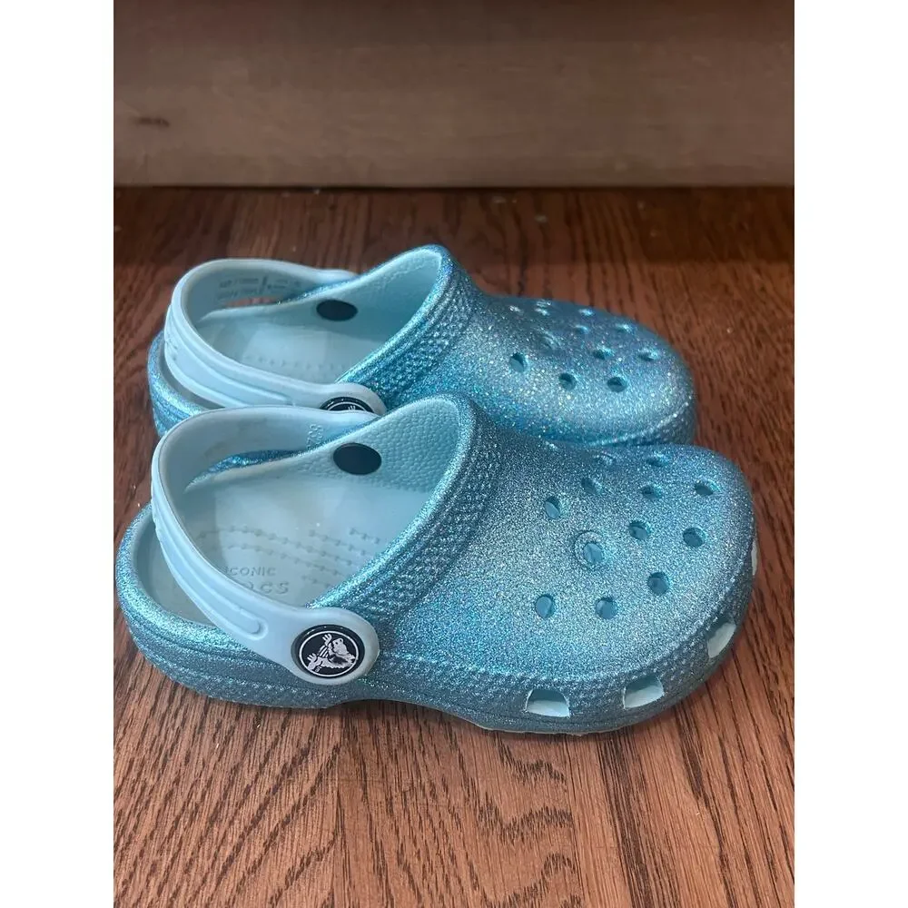 Crocs Classic Glitter Clog Ice Blue Sparkle Shoes Toddler Kids Size C8 Slip On